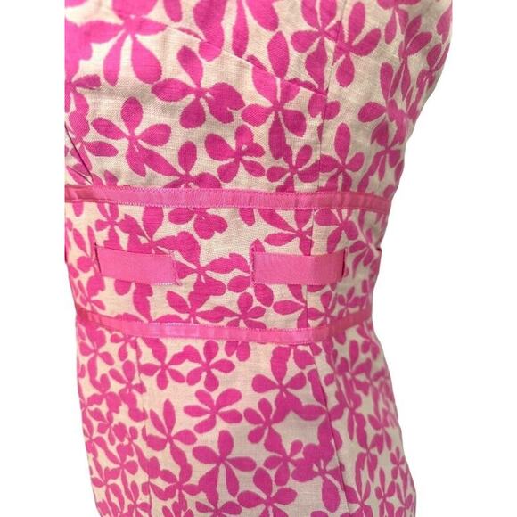 Maggy London Tea Dress 4 Floral Sleeveless Sheath Linen Pink Ribbon Bow - Picture 5 of 10